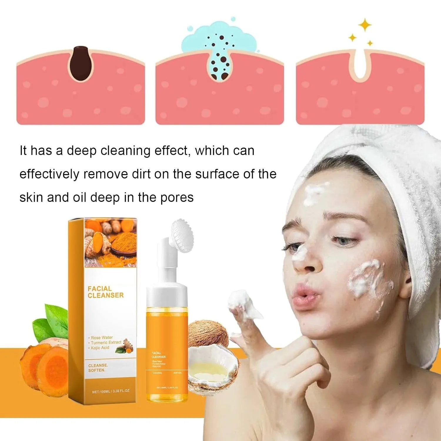 2 Pcs Turmeric Facial Cleanser, Glow Wash Turmeric Face Wash With Brush, Deep Cleansing Exfoliating for Women All Skin.
