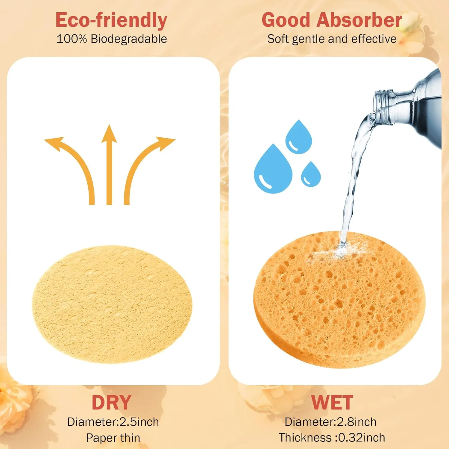 300 Count Compressed Facial Sponges Natural Face Sponges for Cleansing Disposable Facial Exfoliating Pads for Estheticians(Orange)