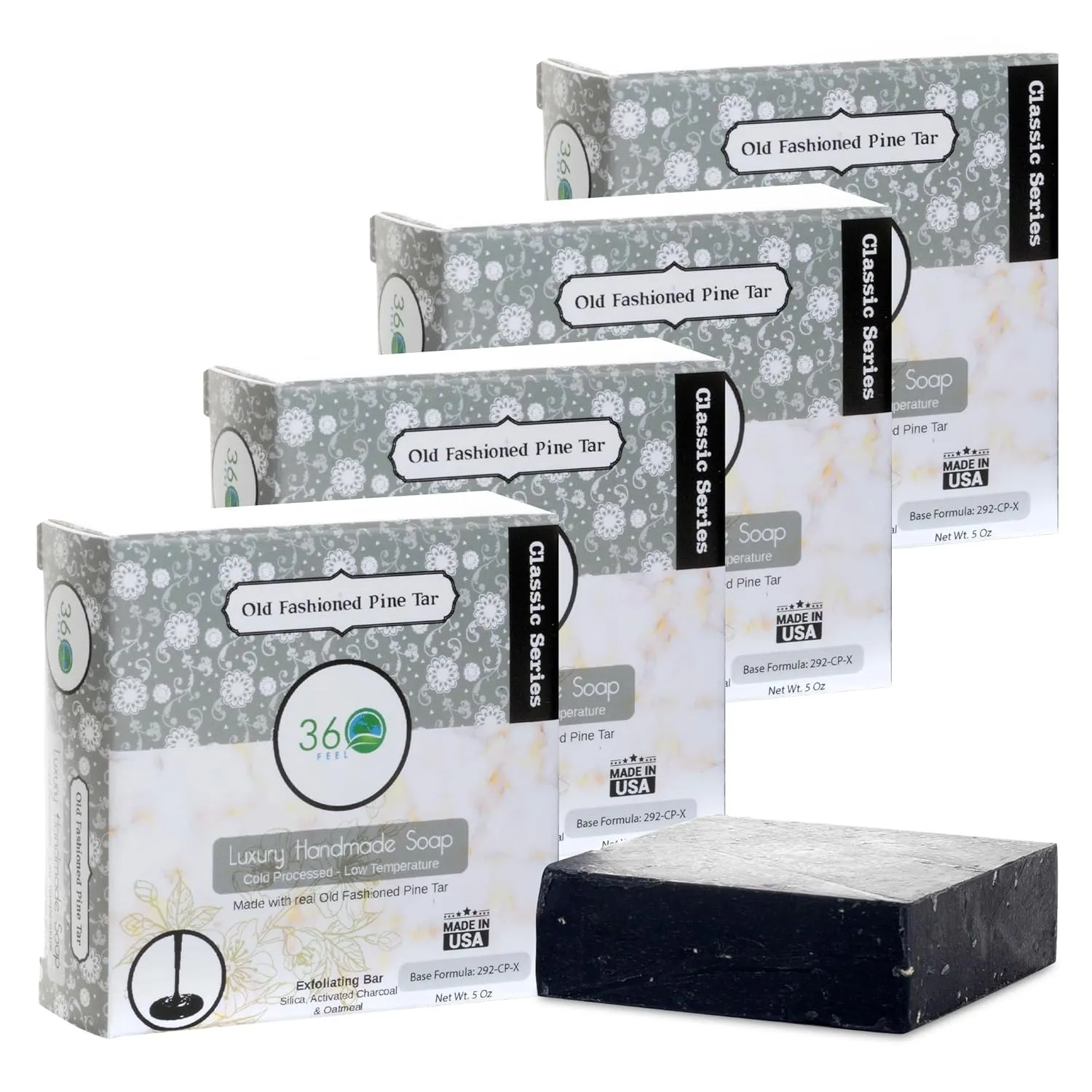 360Feel Pine Tar Soap - Handcrafted Castile Soap Bar with Soothing Scent - Handmade with Essential Oils - Suitable Gift for Anniversaries, Weddings, and Holiday Stockings - 4 pack