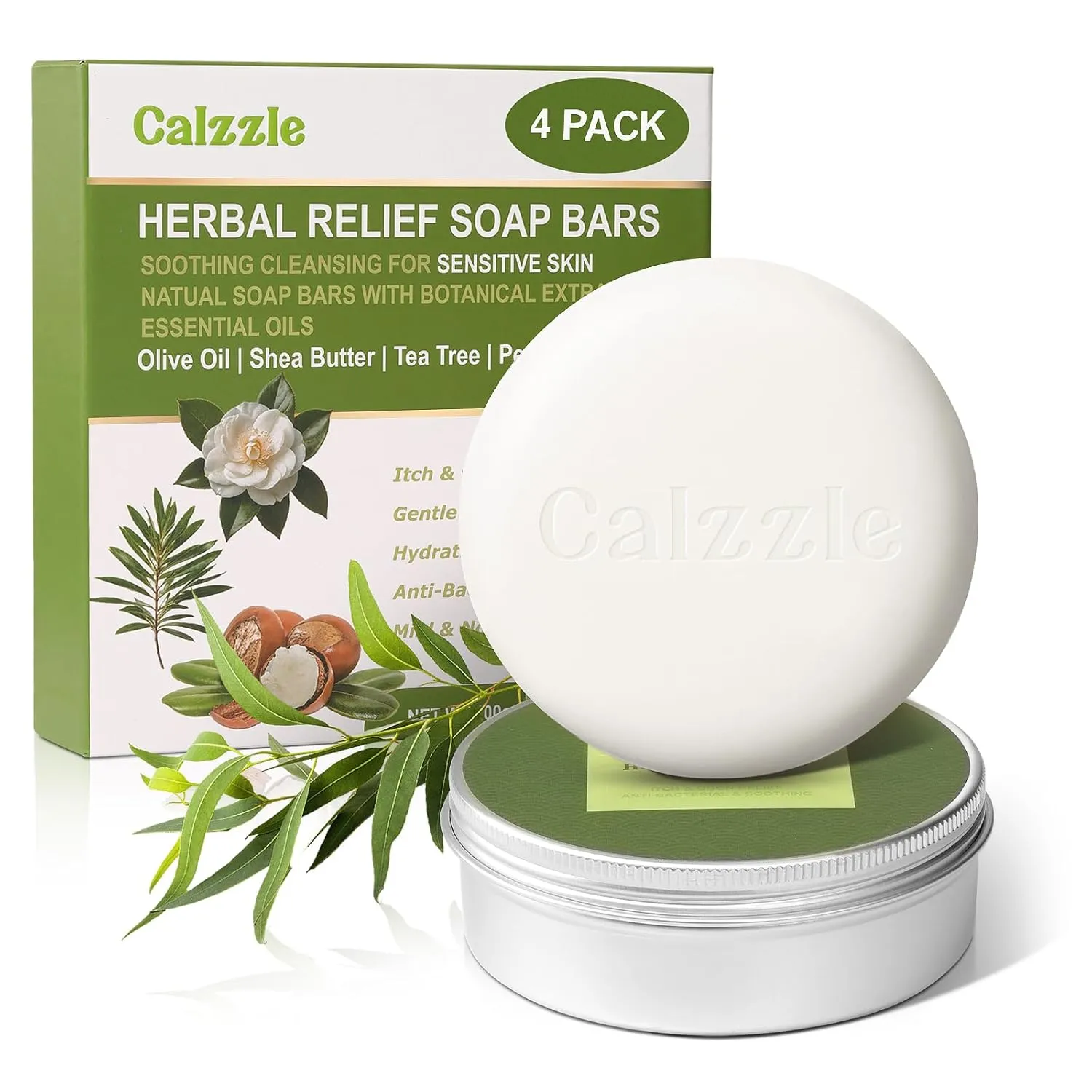 4 Pcs Herbal Soap Bar with Tea Tree Oil, Olive Oil & Organic Shea Butter - Natural Handmade Soap for Women & Men, Gentle Face, Body & Foot Cleanser for Dry, Itchy or Sensitive Skin, 3.53 oz