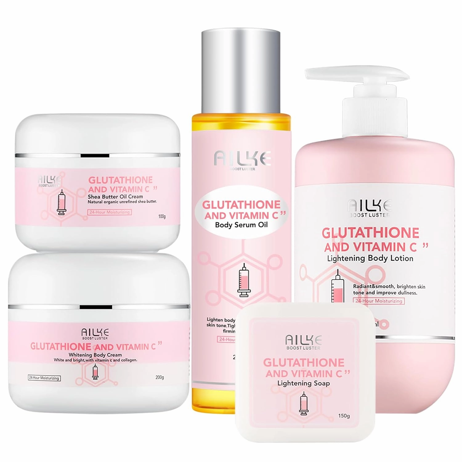 AILKE Skin Glowing 5-In-1 Range, With Glutathione, Vitamin C, Organic Shea Butter, Moisturizing, Smooth and Clean Skin, Increase Skin Radiance Gift Set