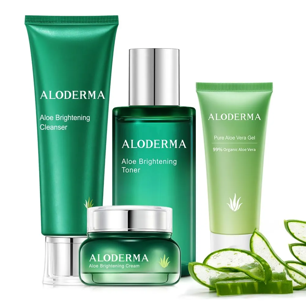 Aloderma Essential Aloe Brightening Skin Care Set - 5 Pieces - Gel, Cleanser x2pcs, Toner, Cream