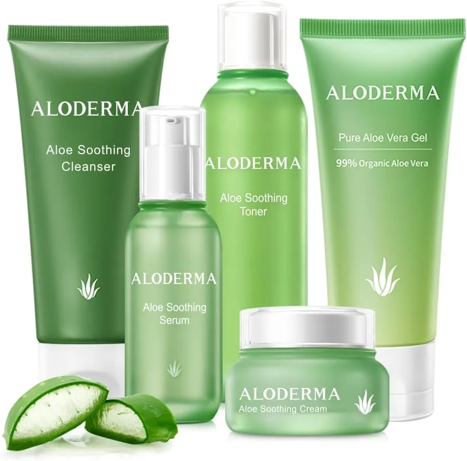 Aloderma Signature Aloe Soothing & Repairing Set - 6 Pieces - Gel, Cleanser, 2pcs x Toner, Serum, Cream