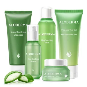 Aloderma Signature Aloe Soothing & Repairing Set - 6 Pieces - Gel, Cleanser, Toner, Serum x 2pcs, Cream