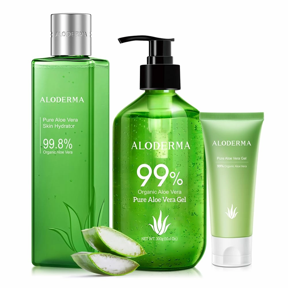 Aloderma All Purpose Aloe Vera Gel Set - 3 Pieces - Skin Hydrator, 300g Aloe Vera Gel & 45g Aloe Vera Gel Travel Size