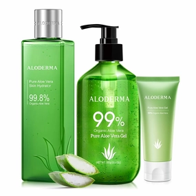 Aloderma All Purpose Aloe Vera Gel Set - 3 Pieces - Skin Hydrator, 300g Aloe Vera Gel & 45g Aloe Vera Gel Travel Size