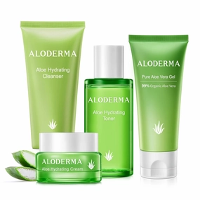 Aloderma Essential Aloe Hydrating Skin Care Set - 5 Pieces - Gel, Cleanser, Toner, Cream x2pcs