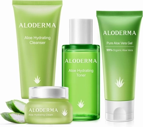 Aloderma Essential Aloe Hydrating Skin Care Set - 5 Pieces - Gel, Cleanser, Toner x2pcs, Cream