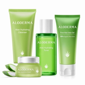 Aloderma Essential Aloe Hydrating Skin Care Set - 5 Pieces - Gel x2pcs, Cleanser, Toner, Cream