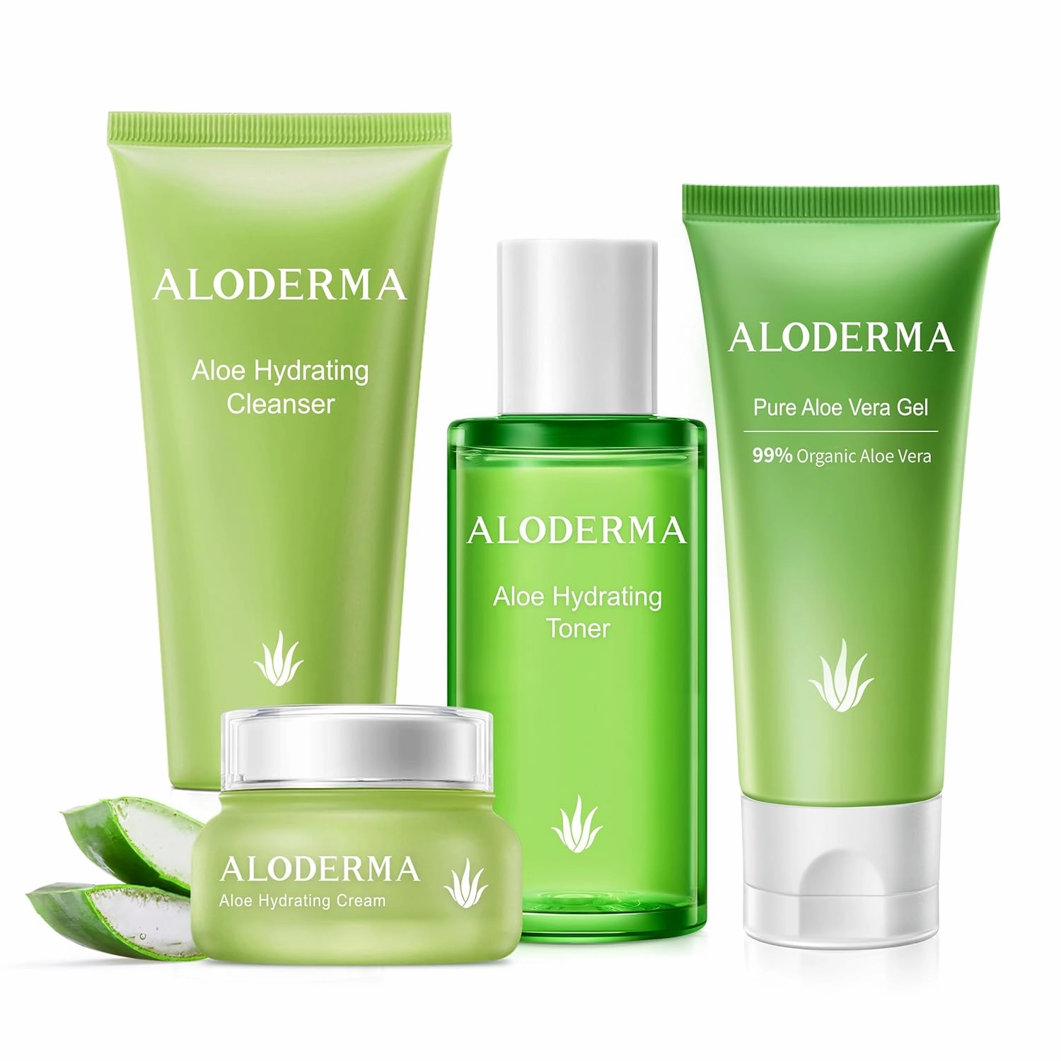 Aloderma Essential Aloe Hydrating Skin Care Set - 5 Pieces - Gel x2pcs, Cleanser, Toner, Cream