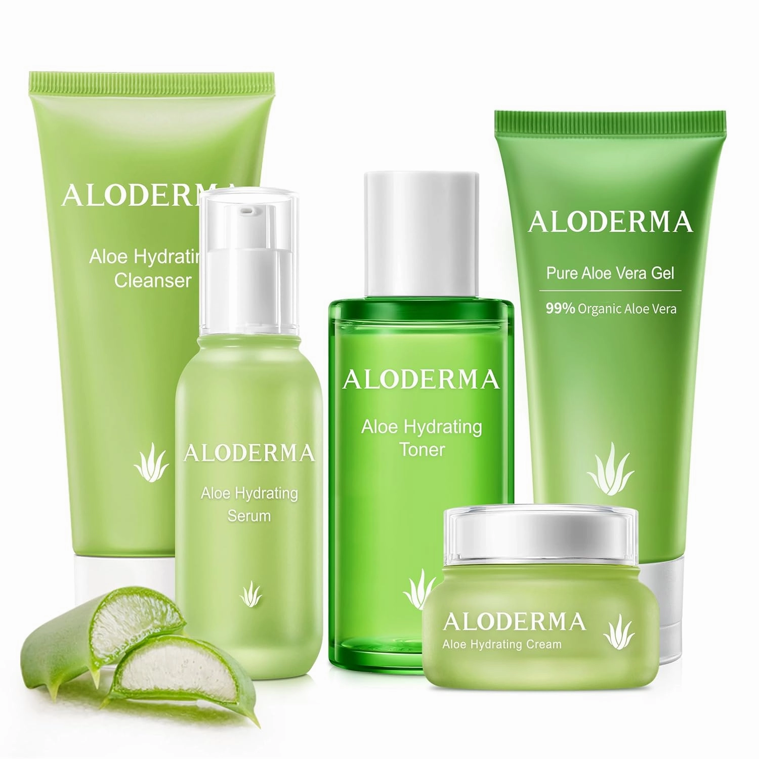 Aloderma Signature Aloe Vitality Hydrating Set - 6 Pieces - 114g Gel x 2pcs, Cleanser, Toner, Serum, Cream
