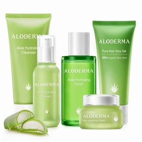Aloderma Signature Aloe Vitality Hydrating Set - 6 Pieces - 114g Gel x 2pcs, Cleanser, Toner, Serum, Cream