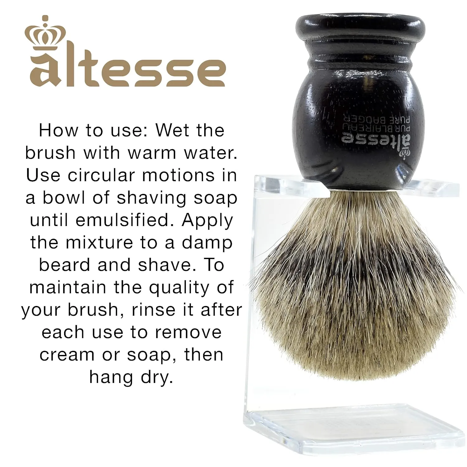 Altesse 75108 European Grey Badger Shaving Brush for Shave Cream, Shaving Soap, Shaving Cream Foam and Lather for Wet Shave With Shaving Razor, Safety Razor, and Straight Razor. Made in France