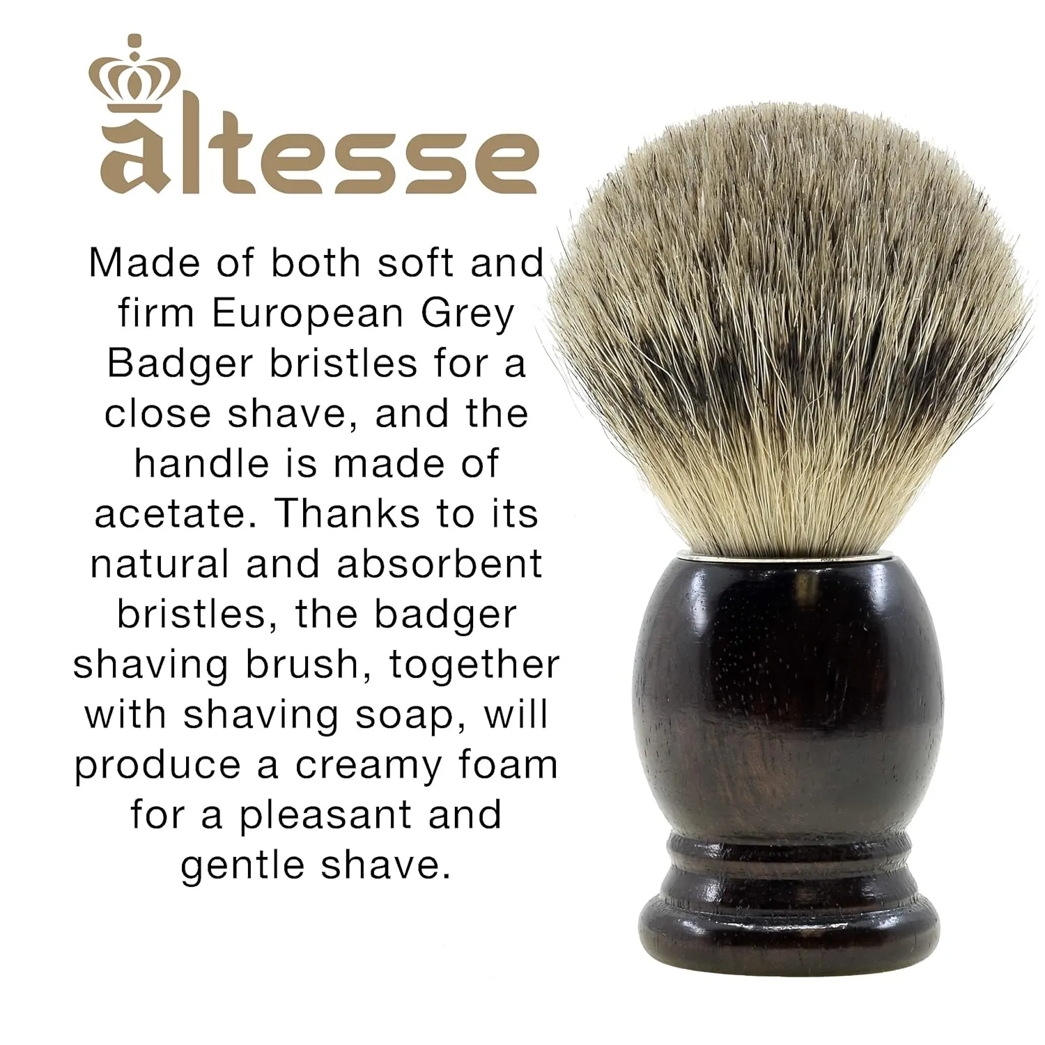 Altesse 75108 European Grey Badger Shaving Brush for Shave Cream, Shaving Soap, Shaving Cream Foam and Lather for Wet Shave With Shaving Razor, Safety Razor, and Straight Razor. Made in France