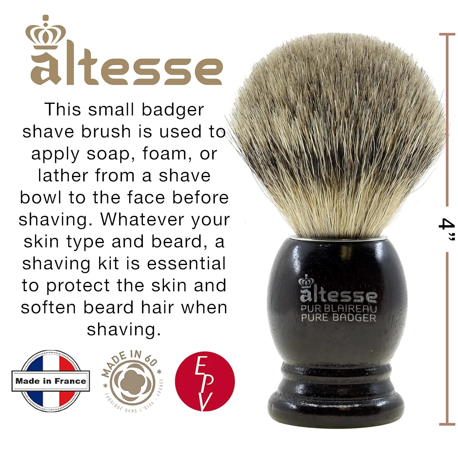 Altesse 75108 European Grey Badger Shaving Brush for Shave Cream, Shaving Soap, Shaving Cream Foam and Lather for Wet Shave With Shaving Razor, Safety Razor, and Straight Razor. Made in France