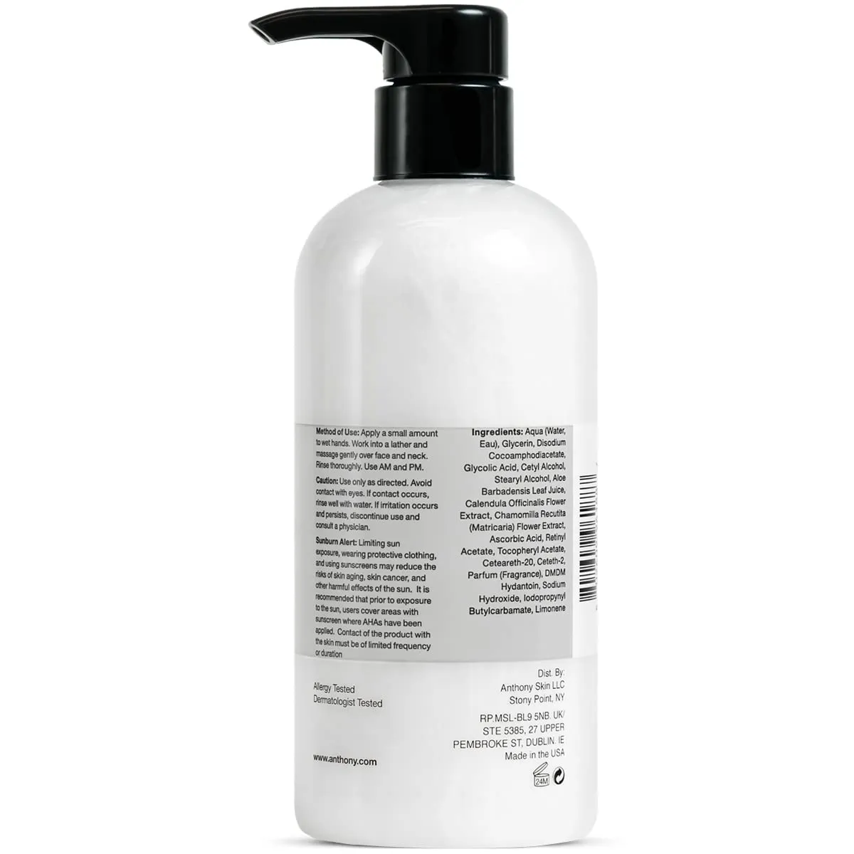Anthony Glycolic Facial Cleanser for Men, Daily Exfoliating & Hydrating Face Wash, Shave Prep, Non-Foaming, Deep Cleansing, Gentle on Sensitive Skin, Removes Dirt & Oil, Smooths Texture, 16 Fl Oz