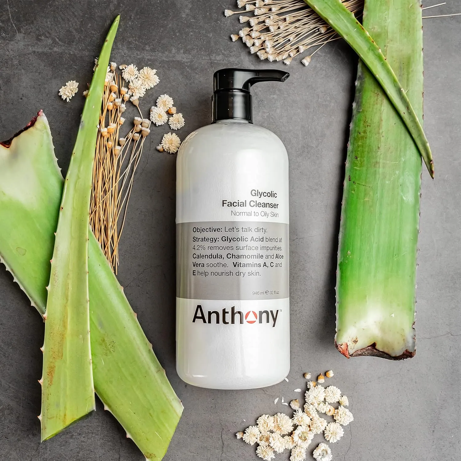 Anthony Glycolic Facial Cleanser for Men, Daily Exfoliating & Hydrating Face Wash, Shave Prep, Non-Foaming, Deep Cleansing, Gentle on Sensitive Skin, Removes Dirt & Oil, Smooths Texture, 32 Fl Oz