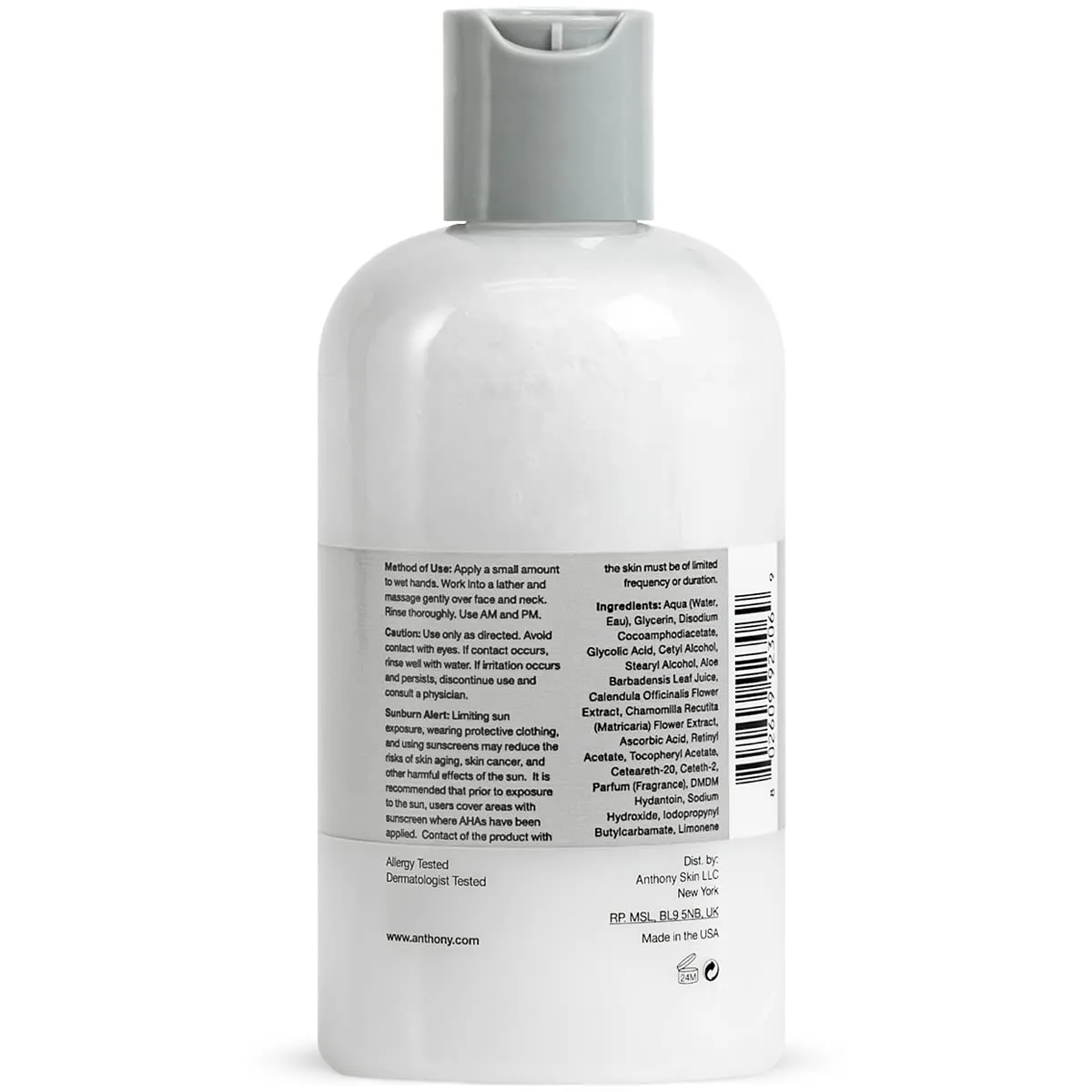 Anthony Glycolic Facial Cleanser for Men, Daily Exfoliating & Hydrating Face Wash, Shave Prep, Non-Foaming, Deep Cleansing, Gentle on Sensitive Skin, Removes Dirt & Oil, Smooths Texture, 8 Fl Oz