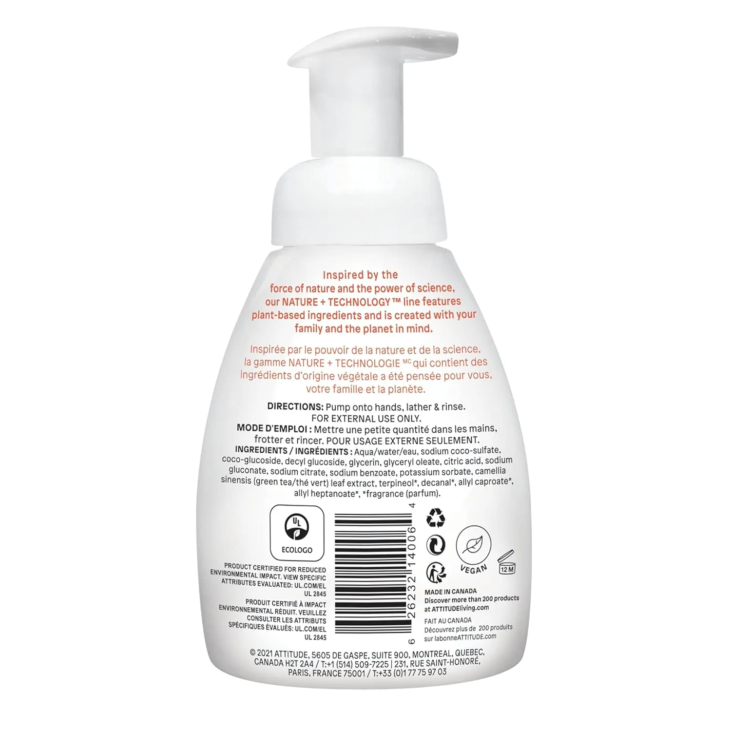 ATTITUDE Foaming Hand Soap, Plant and Mineral-Based Ingredients, Vegan and Cruelty-free Personal Care Products, Pink Grapefruit, 10 Fl Oz (Pack of 2)