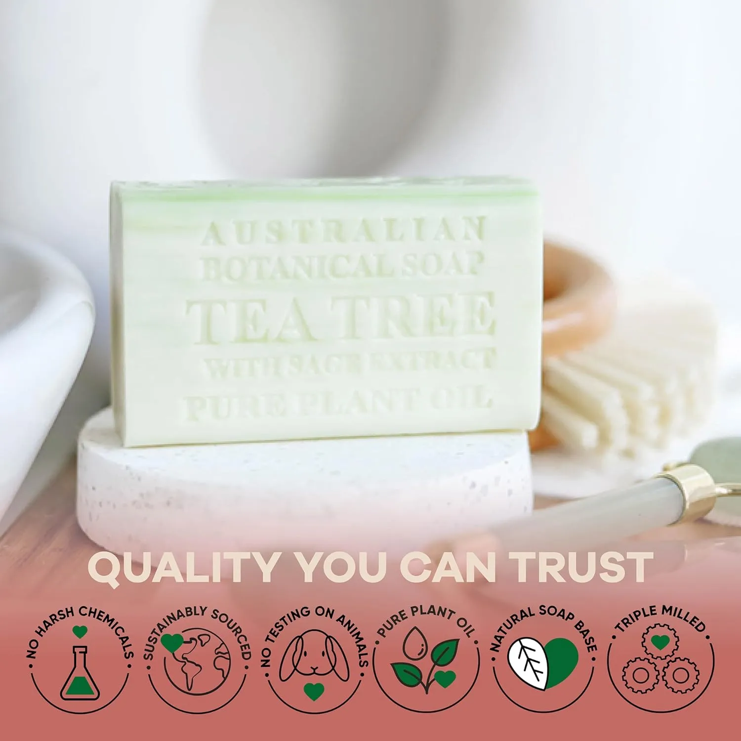 Australian Botanical Soap, 6.6 OZ, Tea Tree with Sage Extract, Triple Milled Bars made with a Natural Soap Base and Enriched with Organic Shea Butter, Pack of 8