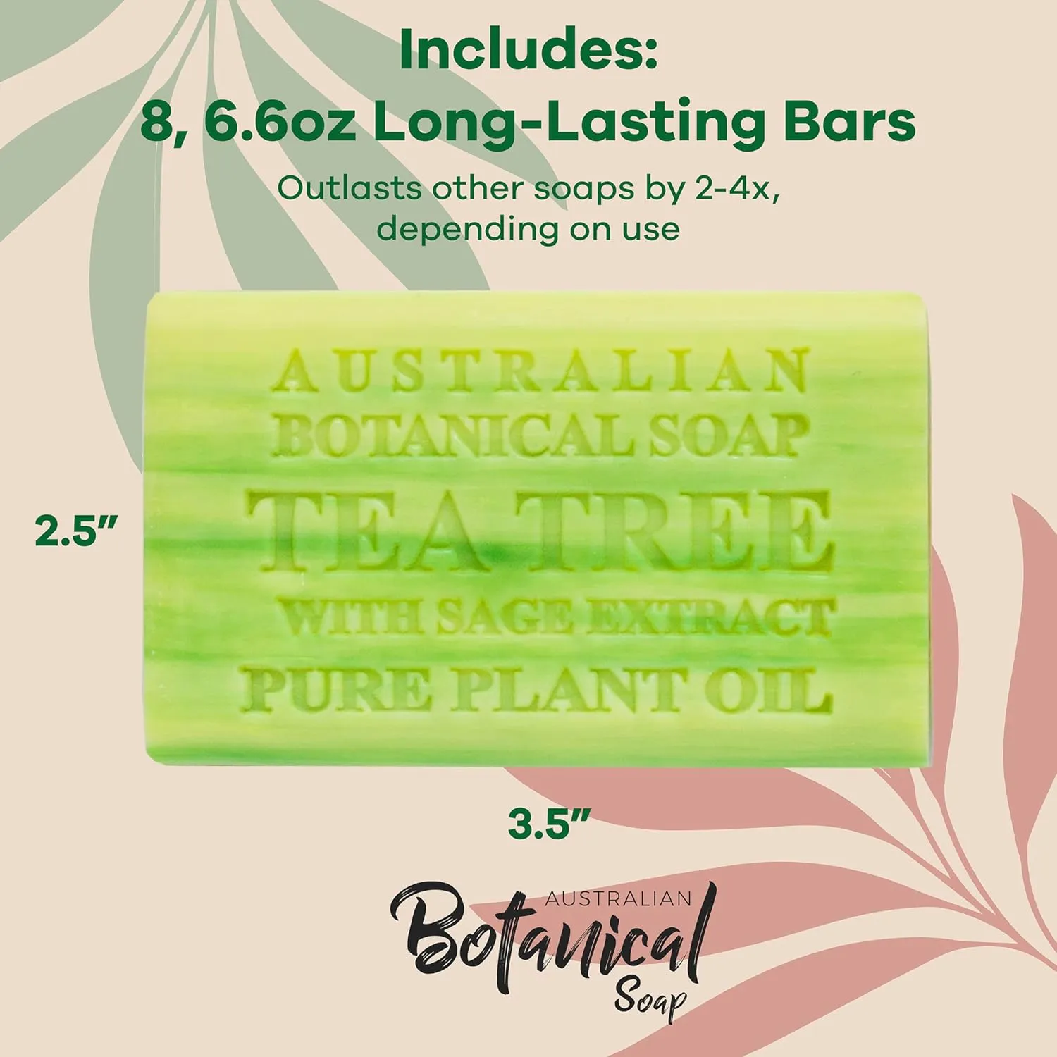 Australian Botanical Soap, 6.6 OZ, Tea Tree with Sage Extract, Triple Milled Bars made with a Natural Soap Base and Enriched with Organic Shea Butter, Pack of 8