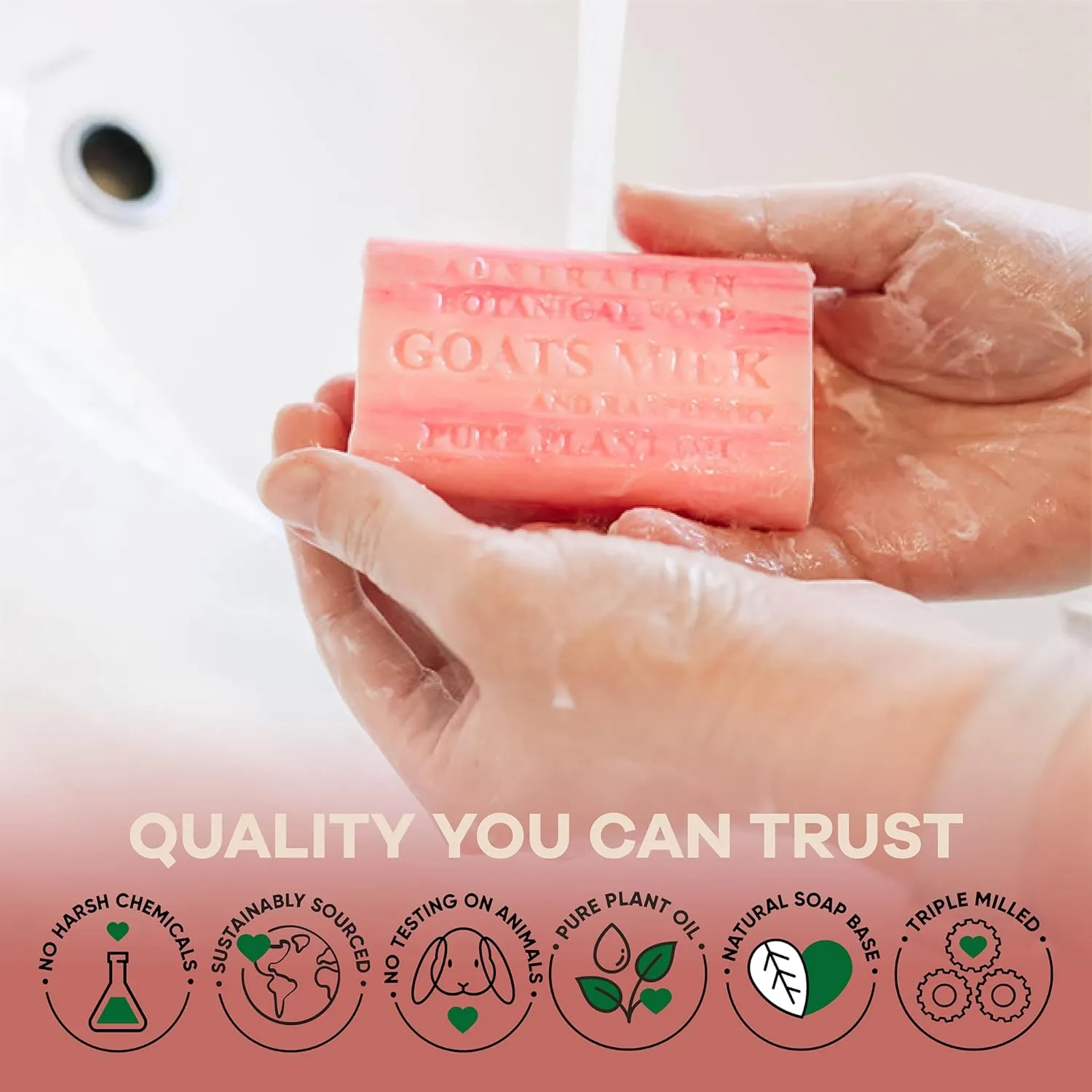 Australian Botanical Soap Goats Milk with Raspberry 6.6 oz Luxury Soap Bars Enriched with Shea Butter, Pack of 4