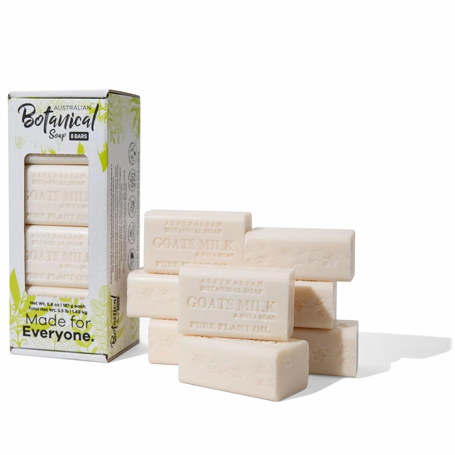 Australian Botanical Goats Milk Soap with Soya Bean Oil, Net Wt. 3.4 lb, 6.8 Ounce Bar Soap, Suitable for all Skin Types Pack of 8, Packaging May Vary