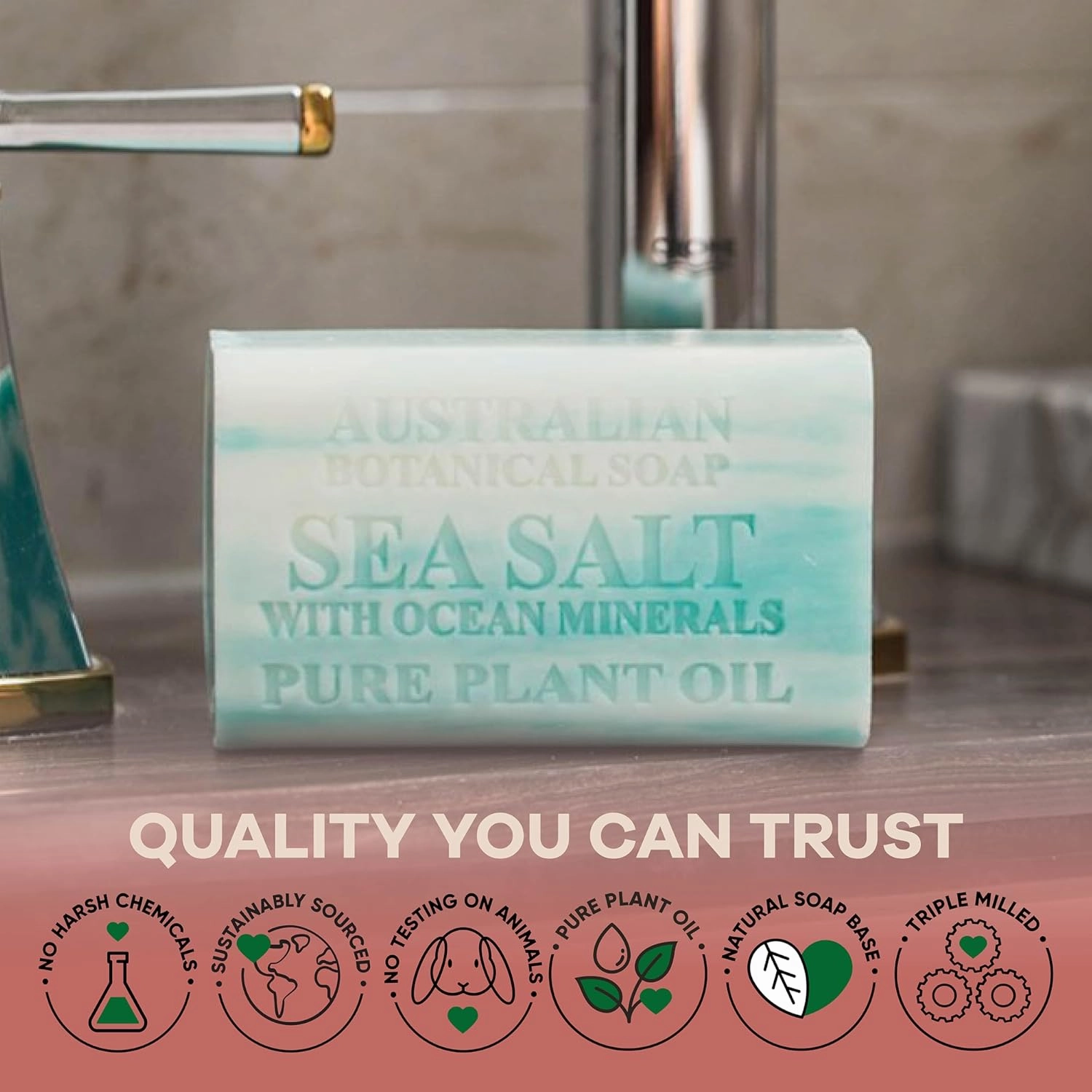 Australian Botanical Soap, 6.6 OZ, Sea Salt and Ocean Minerals, Triple Milled Bars made with a Natural Soap Base and Enriched with Organic Shea Butter, Pack of 8