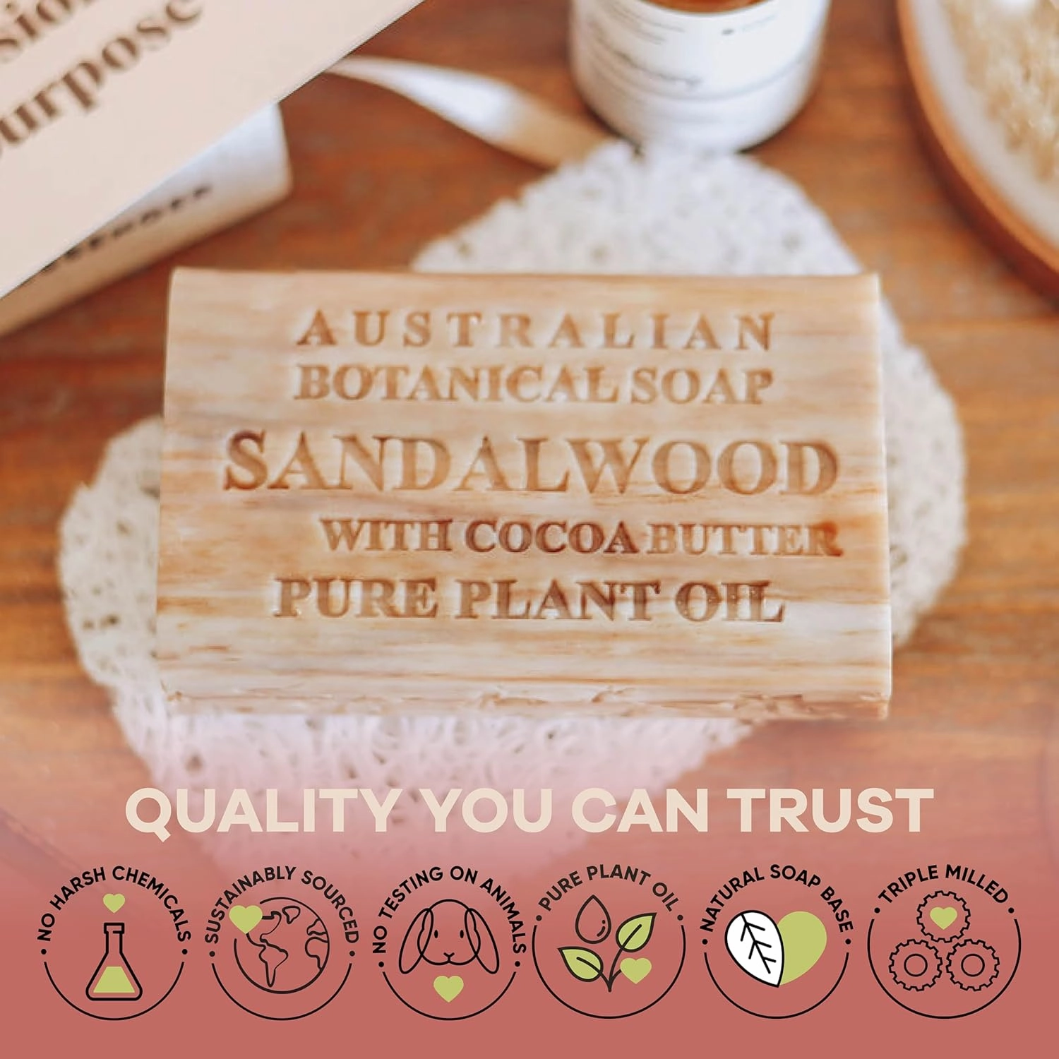 Australian Botanical Soap Sandalwood with Cocoa Butter 6.6 oz Luxury Soap Bars Enriched with Shea Butter, Suitable for Men, Women and All Skin Types, Pack of 6