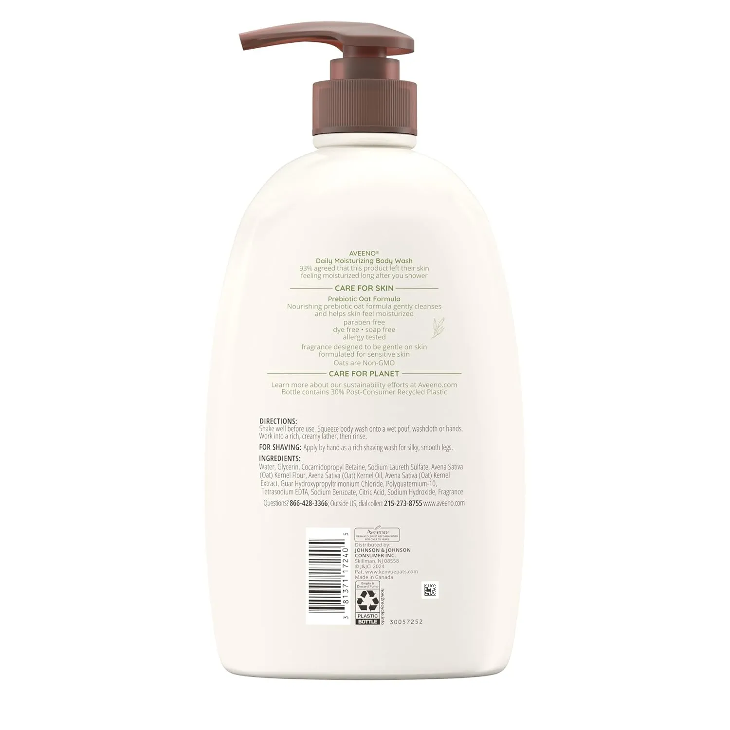 Aveeno Daily Moisturizing Body Wash for Dry & Sensitive Skin with Prebiotic Oat, Hydrating Body Wash Nourishes Dry Skin & Gently Cleanses, Light Fragrance, Sulfate-Free, 33 fl. oz