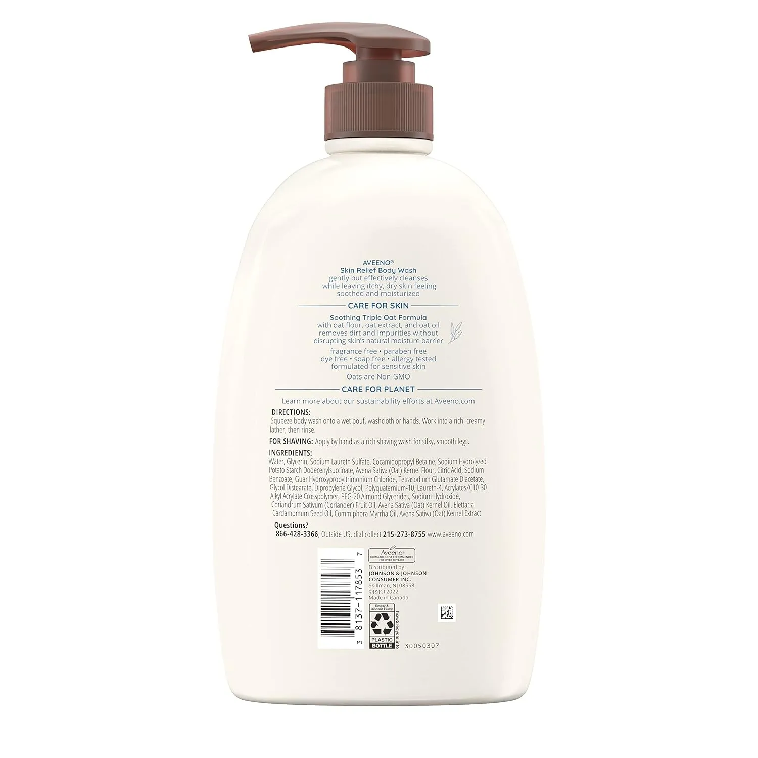 Aveeno Skin Relief Body Wash, Fragrance-Free with Triple Oat Formula, Gentle Daily Cleanser for Sensitive Skin Leaves Itchy, Dry Skin Feeling Soothed & Moisturized, Soap-Free, 33 fl. oz