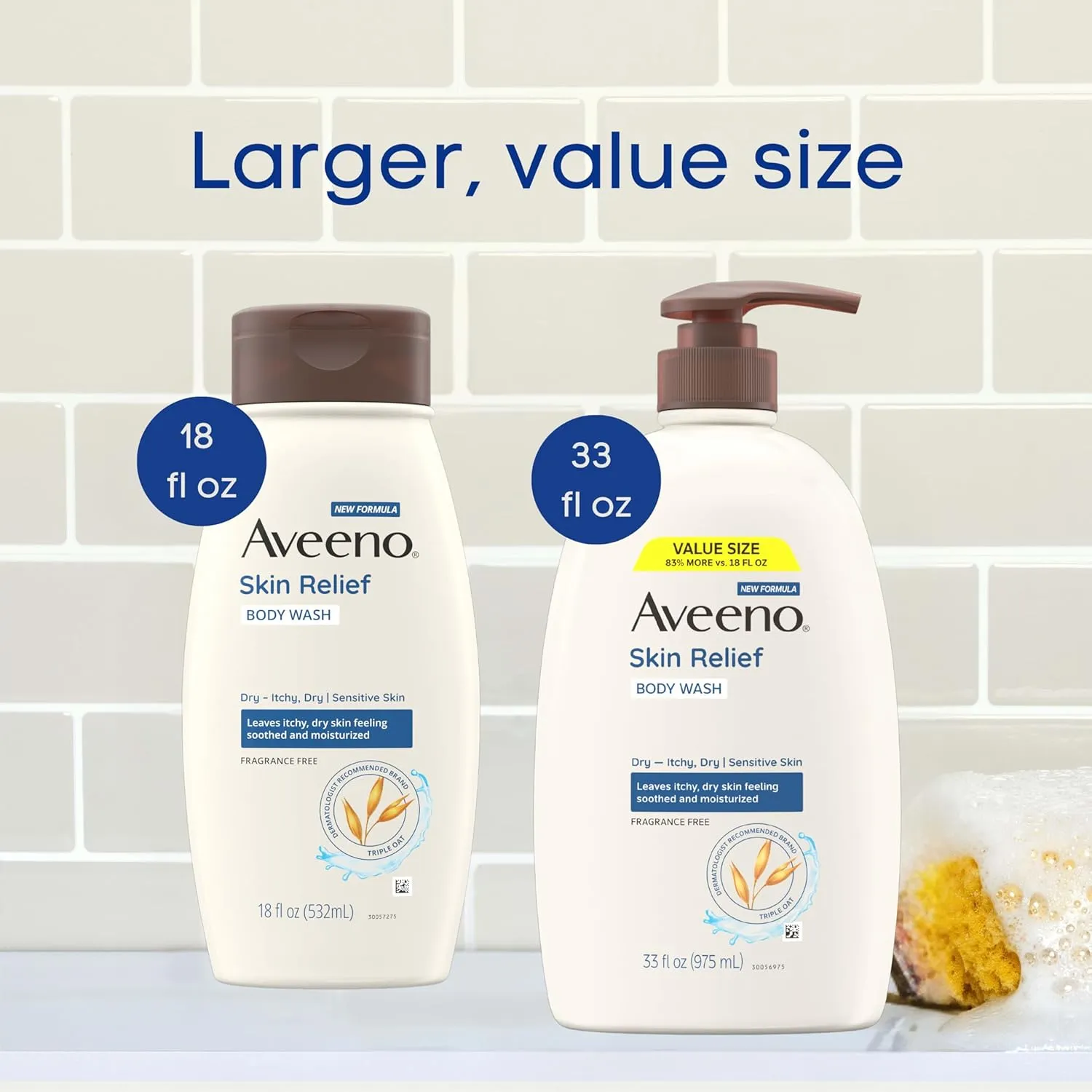 Aveeno Skin Relief Body Wash, Fragrance-Free with Triple Oat Formula, Gentle Daily Cleanser for Sensitive Skin Leaves Itchy, Dry Skin Feeling Soothed & Moisturized, Soap-Free, 33 fl. oz