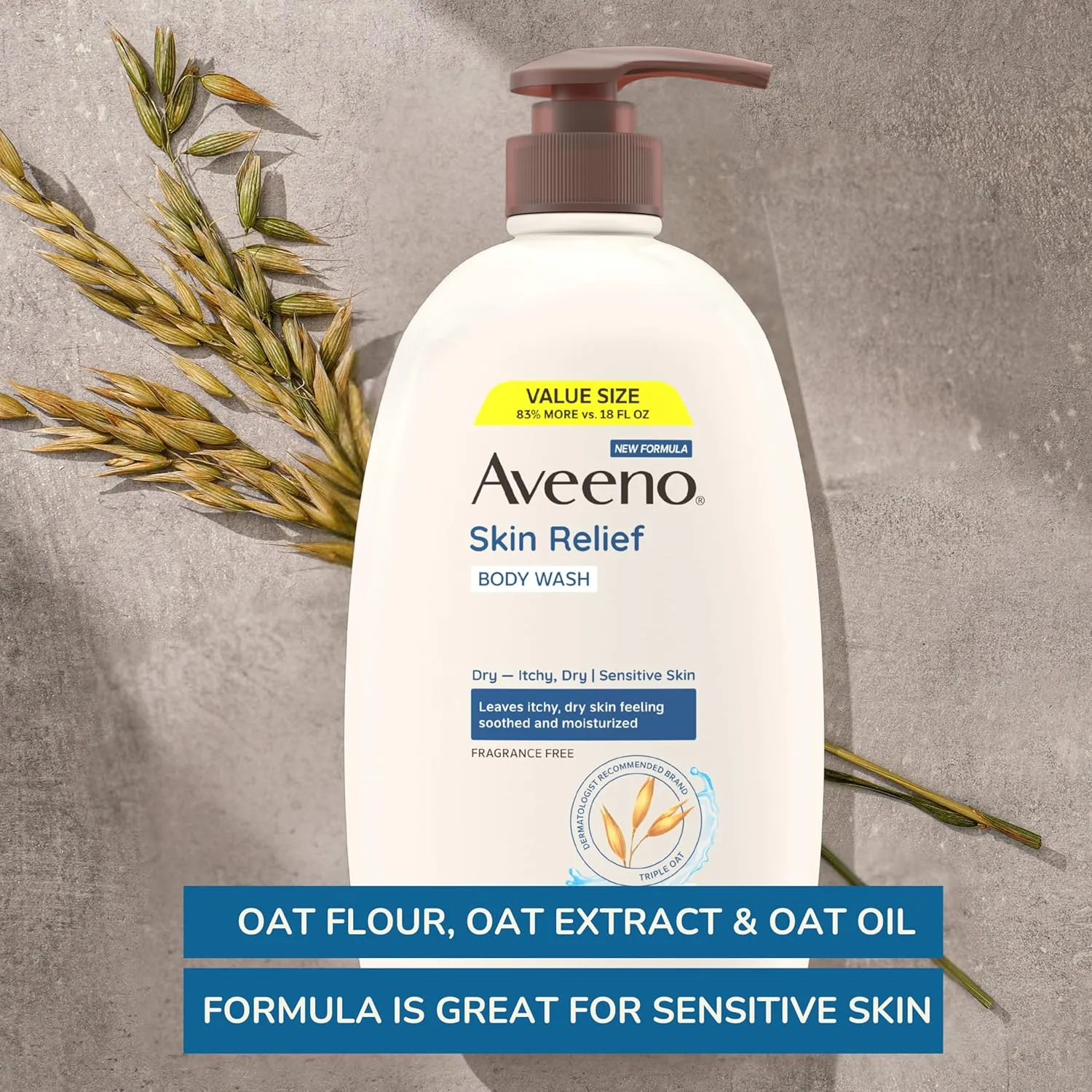 Aveeno Skin Relief Body Wash, Fragrance-Free with Triple Oat Formula, Gentle Daily Cleanser for Sensitive Skin Leaves Itchy, Dry Skin Feeling Soothed & Moisturized, Soap-Free, 33 fl. oz