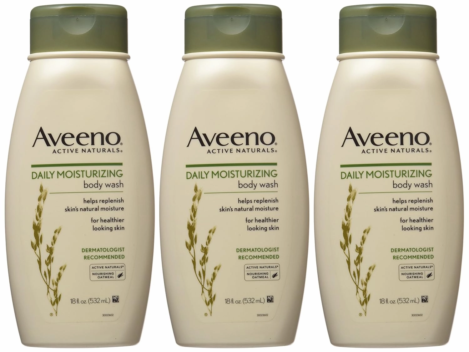 Aveeno Active Naturals Daily Moisturizing Body Wash with Natural Oatmeal, 18-Ounce Bottles (Pack of 3)