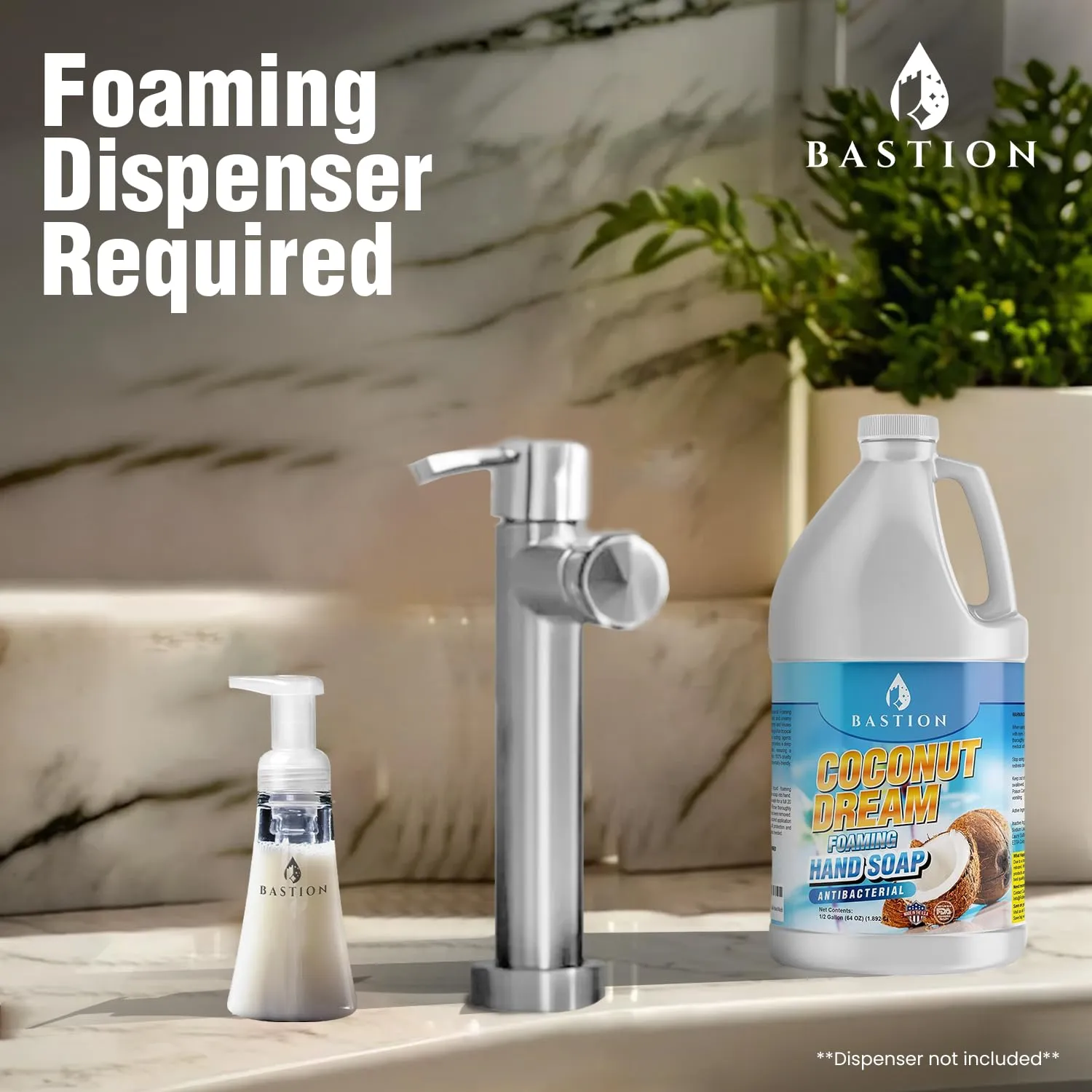 Bastion Antibacterial Foaming Hand Soap - Coconut Dream Hand Wash - Bulk 1/2 Gallon (64 oz) Refill Jug. Coconut Dream Scented. Non-toxic. Made in the USA.(Foaming Dispenser Required)