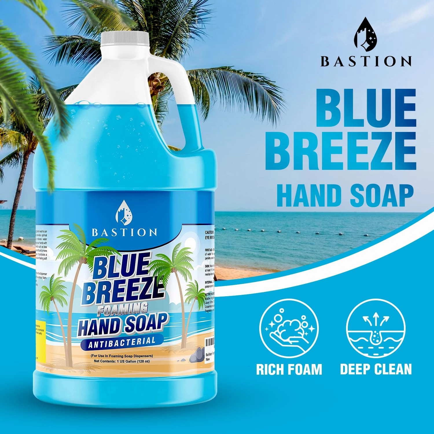 Bastion Blue Breeze Antibacterial Foaming Hand Soap Bulk Refill – 1 Gallon (128 oz) Rich Lather, Moisturizing Formula – Washes Away Germs & Bacteria – Refreshing Clean Scent for Foaming Dispensers