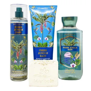 Bath & Body Works Fresh Jungle Rain 3 Piece Gift Set - Fragrance Mist - Shower Gel - Body Cream - with a Natural Oats Bar Soap - Full Size