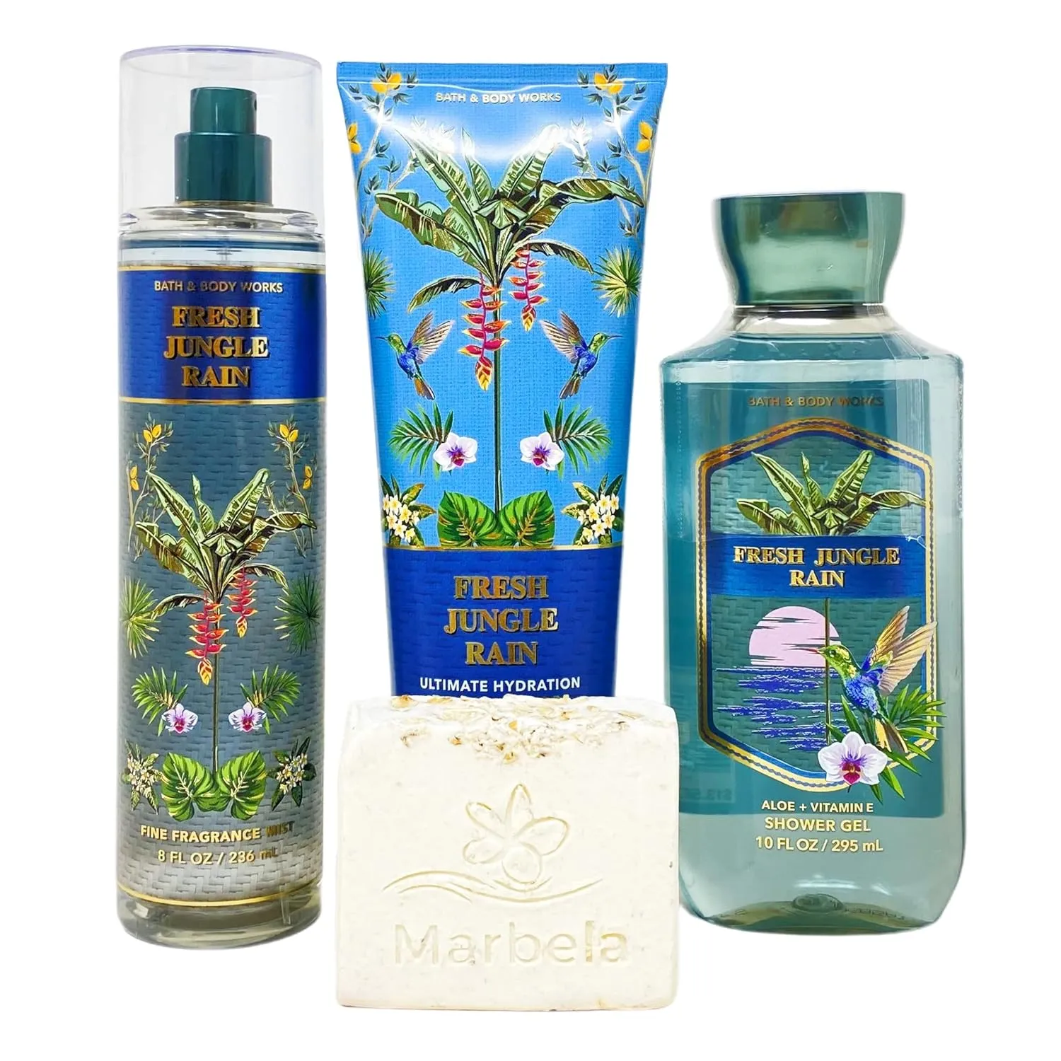 Bath & Body Works Fresh Jungle Rain 3 Piece Gift Set - Fragrance Mist - Shower Gel - Body Cream - with a Natural Oats Bar Soap - Full Size