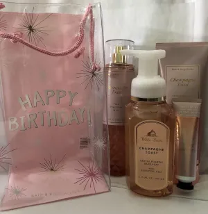 Bath and Body Works Happy Birthday Champagne Toast Gift Bag Set, Full Size Body Cream, Fragrance Mist, Gentle Foaming Soap and Hand Cream