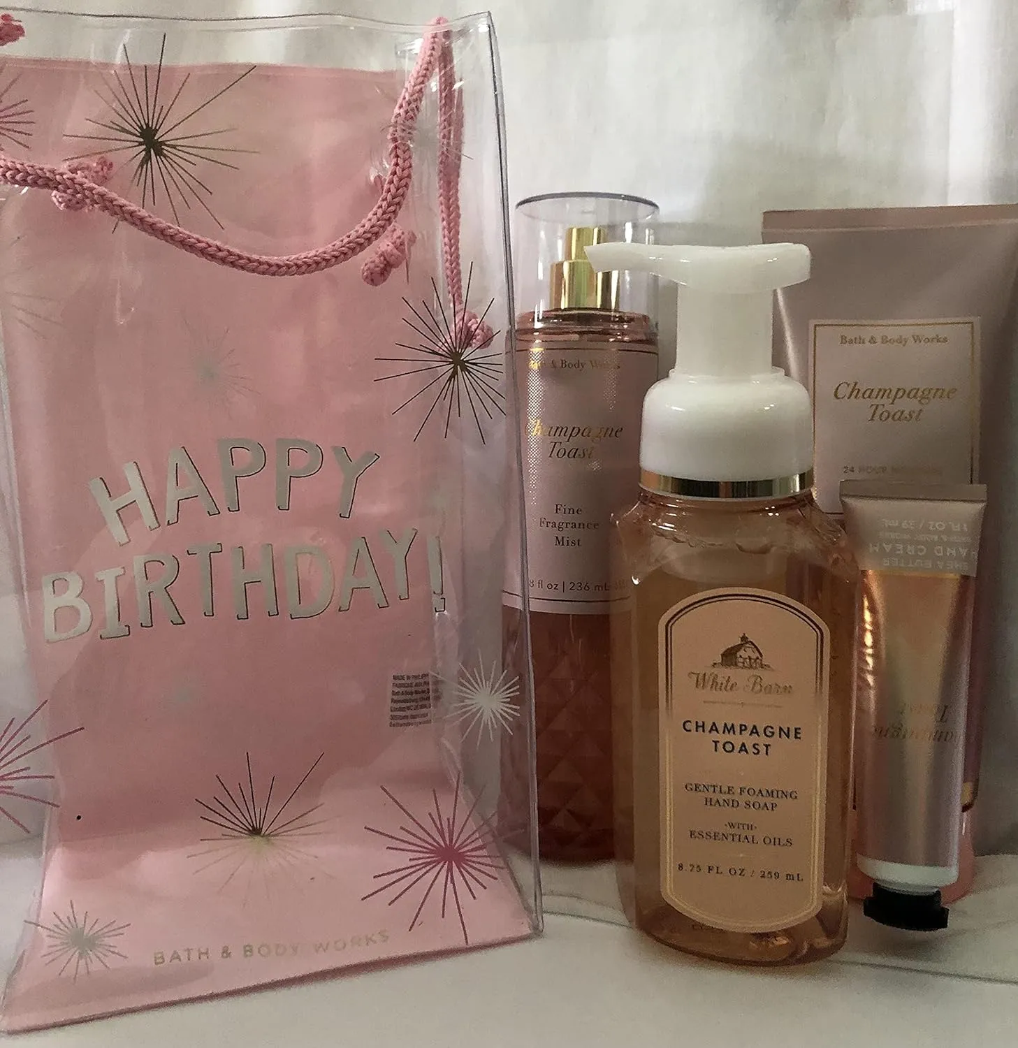 Bath and Body Works Happy Birthday Champagne Toast Gift Bag Set, Full Size Body Cream, Fragrance Mist, Gentle Foaming Soap and Hand Cream