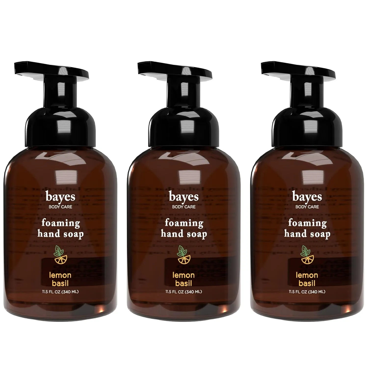 Bayes Foaming Hand Soap - Aromatic and Nourishing Hand Wash, Infused with Essential Oils - USDA Certified Biobased - 11.5 Ounce, Lemon Basil, 3 Pack