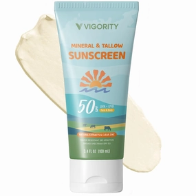 Beef Tallow Sunscreen with Zinc Oxide: Natural SPF 50 Zinc & Tallow Sunblock Cream for Face & Body - With 10 Food-Grade Botanical Extracts - Kids & Sensitive Skin Safe, Water-Resistant - 3.4 FL OZ
