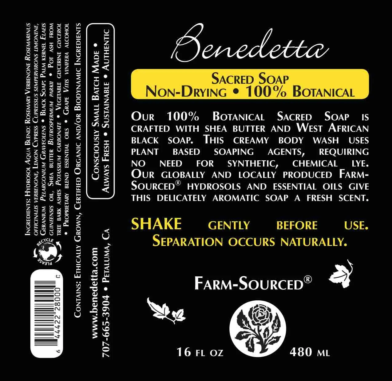 Benedetta Natural Sacred Soap - Lye-Free Body Wash, Cleanser, & Moisturizing Bath Gel Made with Fair-Trade Shea Butter & West African Black Soap for Dry & Sensitive Skin – 16 fl oz Fresh Scent
