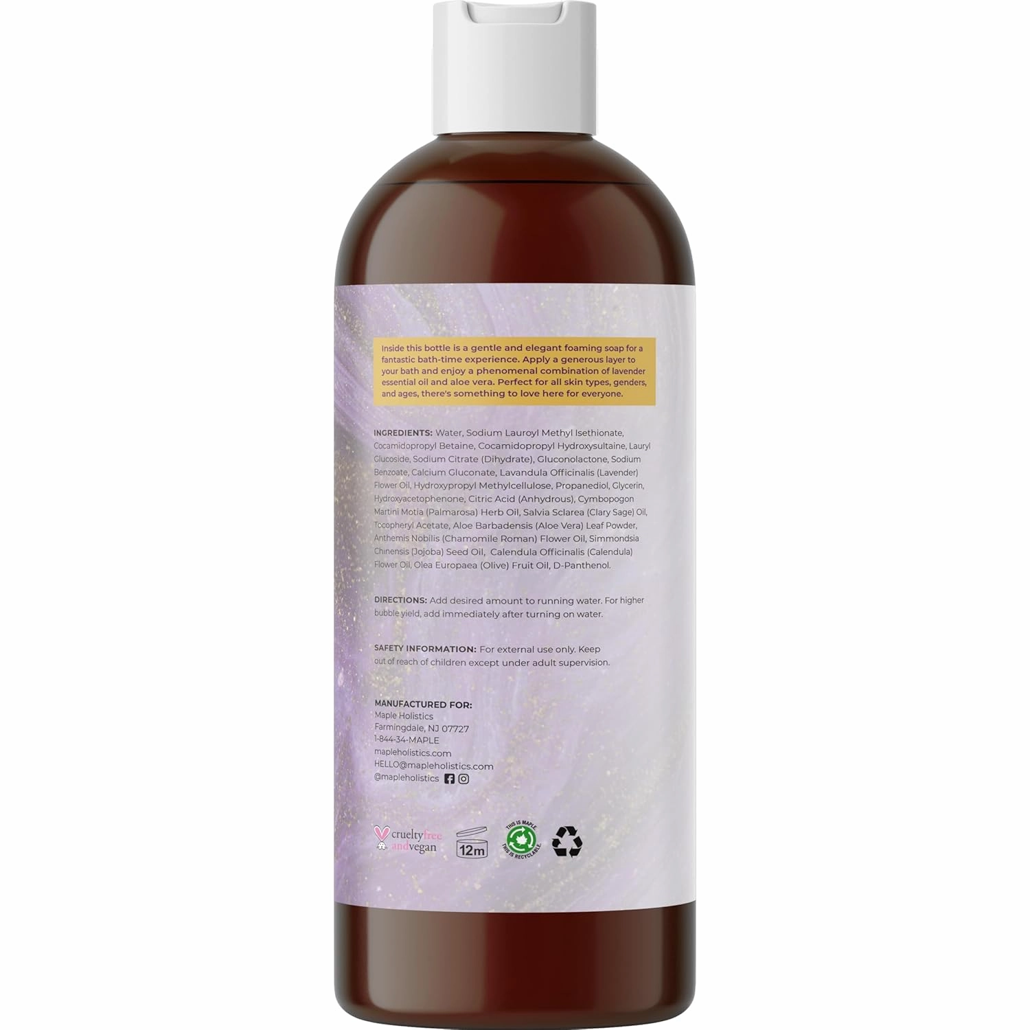 Bubble Bath for Women, Men and Teens - Lavender Hybrid, Gentle, and Safe for Sensitive Skin - With Vitamin E and Aloe Vera, 16 oz.