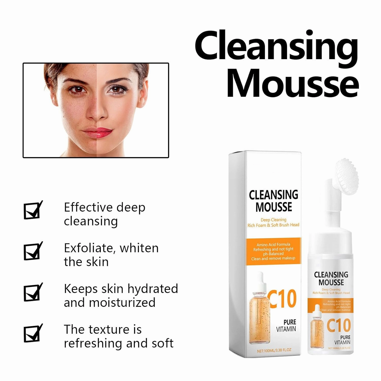 C10 Cleansing Mousse, Facial Cleansing Mousse, Foaming Face Wash with Silicone Brush, C10 Vitamin Face Wash for Gently Cleaning Pores, Daily Uninstallation, Deep Cleaning & Moisturizing (2)