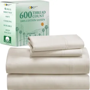 California Design Den - Luxury Full Size Sheet Set - 100% Cotton, 600 Thread Count Deep Pocket Full Size Bed Sheets, Cooling Hotel-Quality Sheets with Sateen Weave - Creamy Ivory