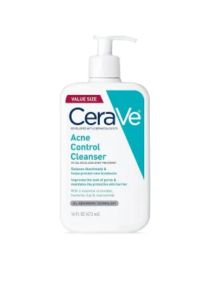 CeraVe Acne Control Cleanser, 2% Salicylic Acid Treatment Formulated With Niacinamide   Ceramides   Oil Absorbing Clay, Gentle Face Wash Helps Clear & Prevent Acne, Fragrance Free, 16 Ounce