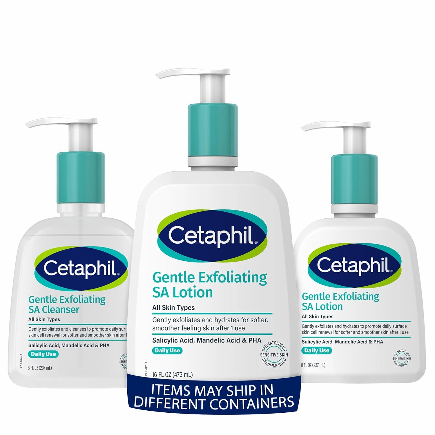 Cetaphil Gentle Exfoliating SA Cleanser, Foaming Gel Cleanser, 8 Oz Pump Bottle, Salicylic Acid   Gentle Exfoliating SA Lotion, Lightweight Moisturizer, 8 Oz & 16 Oz Pump Bottles, Bundle