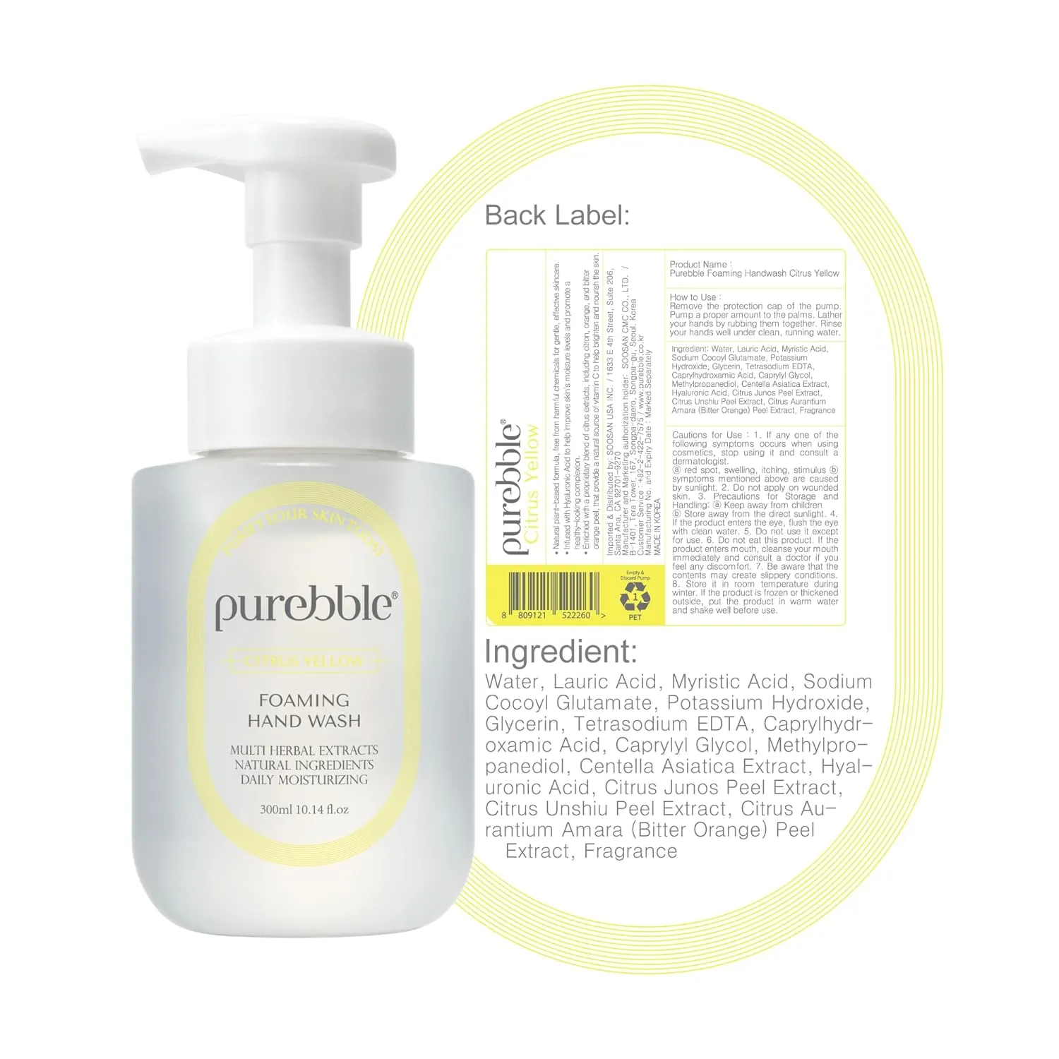 Citrus Yellow Foaming Hand Wash with Hyaluronic Acid, Lemon Scent | Gentle, Hydrating Formula | For Kitchen and Bathroom | Cruelty Free, Sulfate Free | 2 Pack