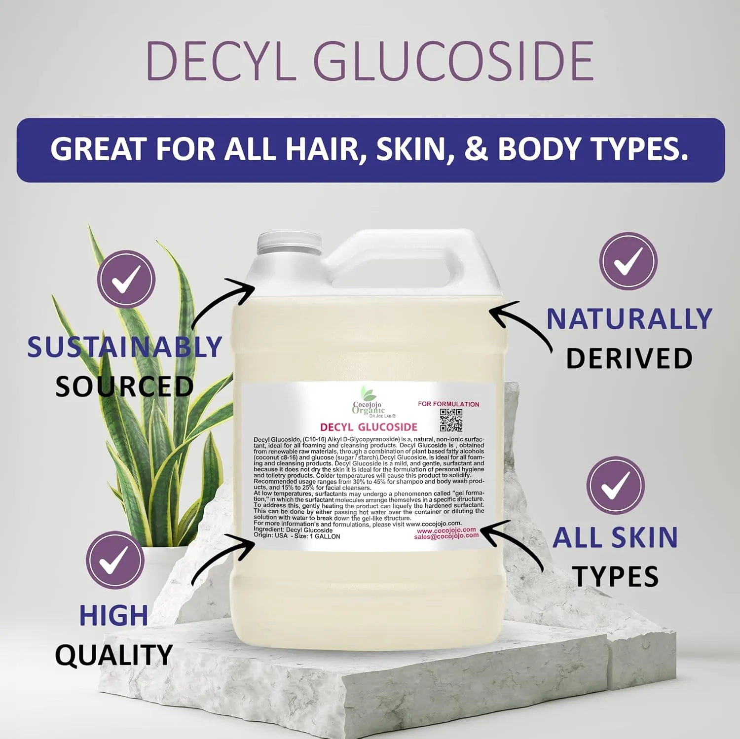Cocojojo Decyl Glucoside Natural Surfactant - Surfactants for Soap Making, Lauryl Glucoside, DIY Shower Gel, Skin Care, Body and Face Wash, Plant Derived, Natural - 1 Gallon (Pack of 1)